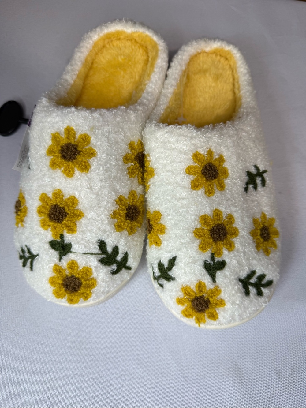 3/$15* Cozy White Fuzzy Slippers with Yellow Sunflower Embroidery NWT